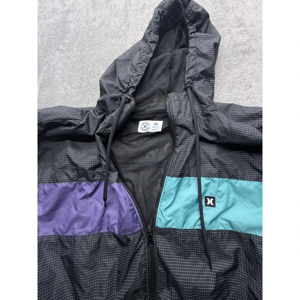 Hurley Jacket‎ Mens 2XL Black Teal Purple Colorblock Hooded Windbreaker